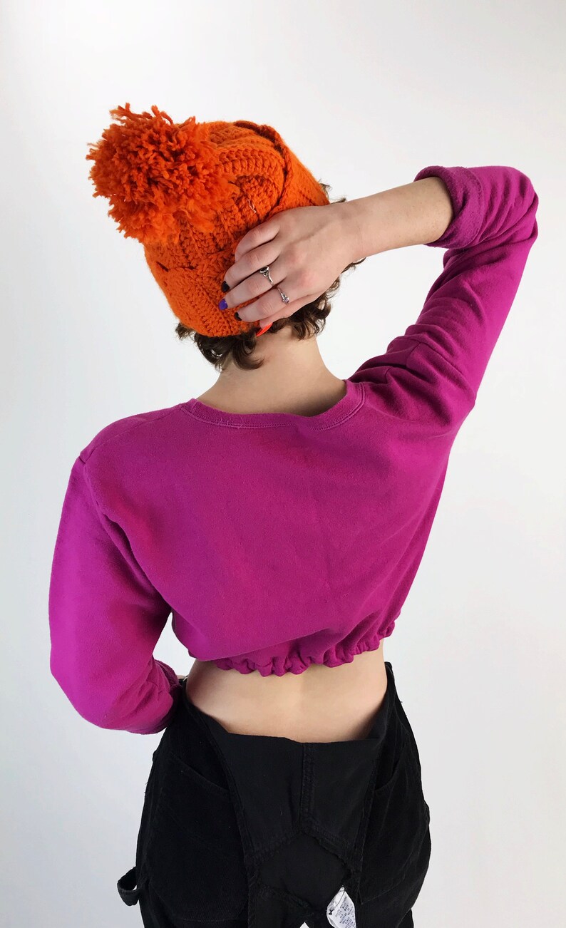 Womens Hot Pink Elastic Waist Long Sleeve Upcycled Remade Sporty Grunge Sweats Elastic Drawstring Waist Cropped Pullover Sweatshirt SM