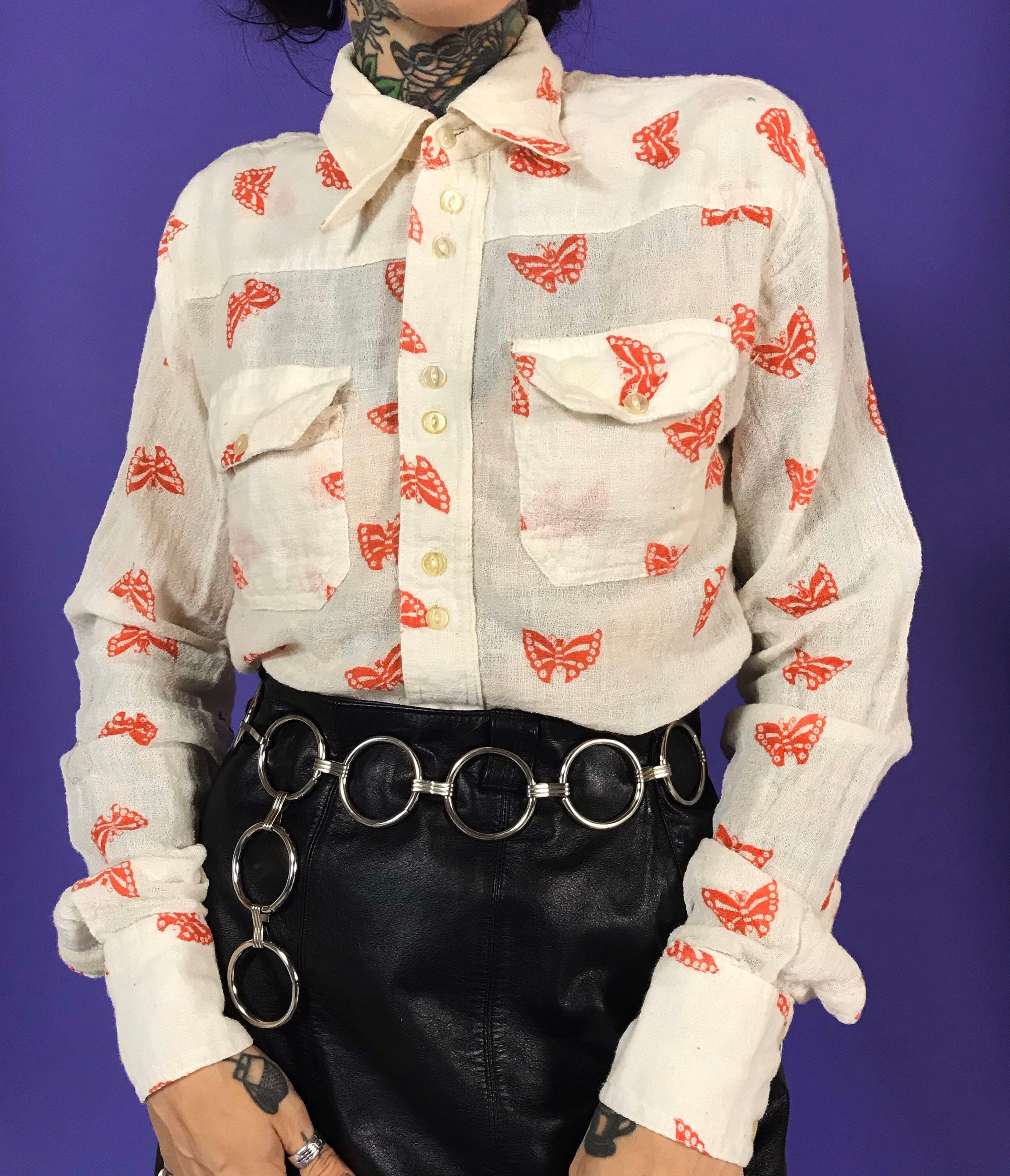 70's Butterfly Blouse Allover Print Collared Shirt - Long Sleeve Breathable Linen Button Up 