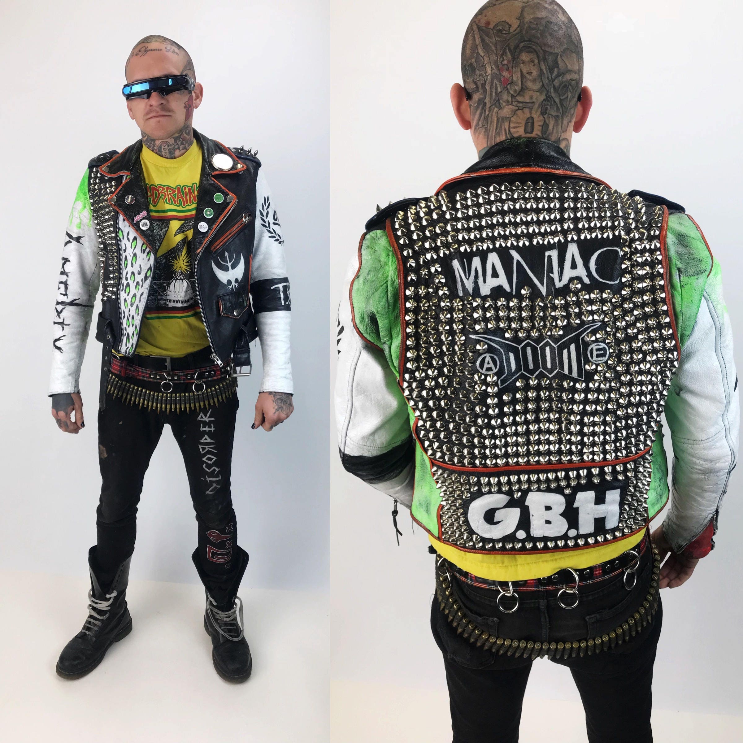 Studded Spiked White Leather Punk Jacket Mens 36 Vintage FMC Biker