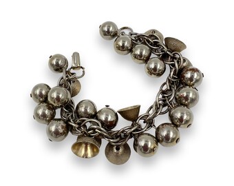 Vintage Bells & Balls Charm Bracelet Silver Tone Cluster Chain - Dangly Statement Jewelry Charm Bracelet Boho Jewelry - Jingly Bracelet