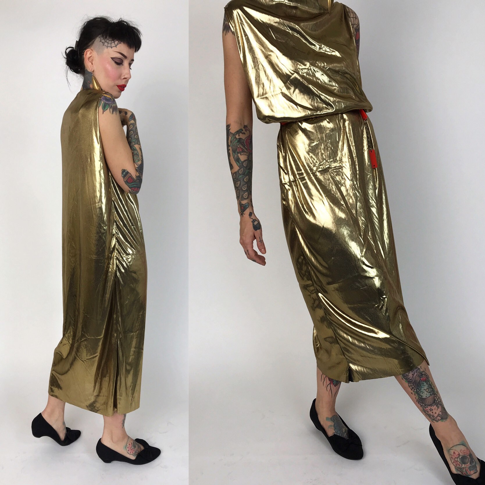 80's Handmade Metallic Gold Disco Dress Small - Handmade Unique Longline Slinky Sleeveless Midi 