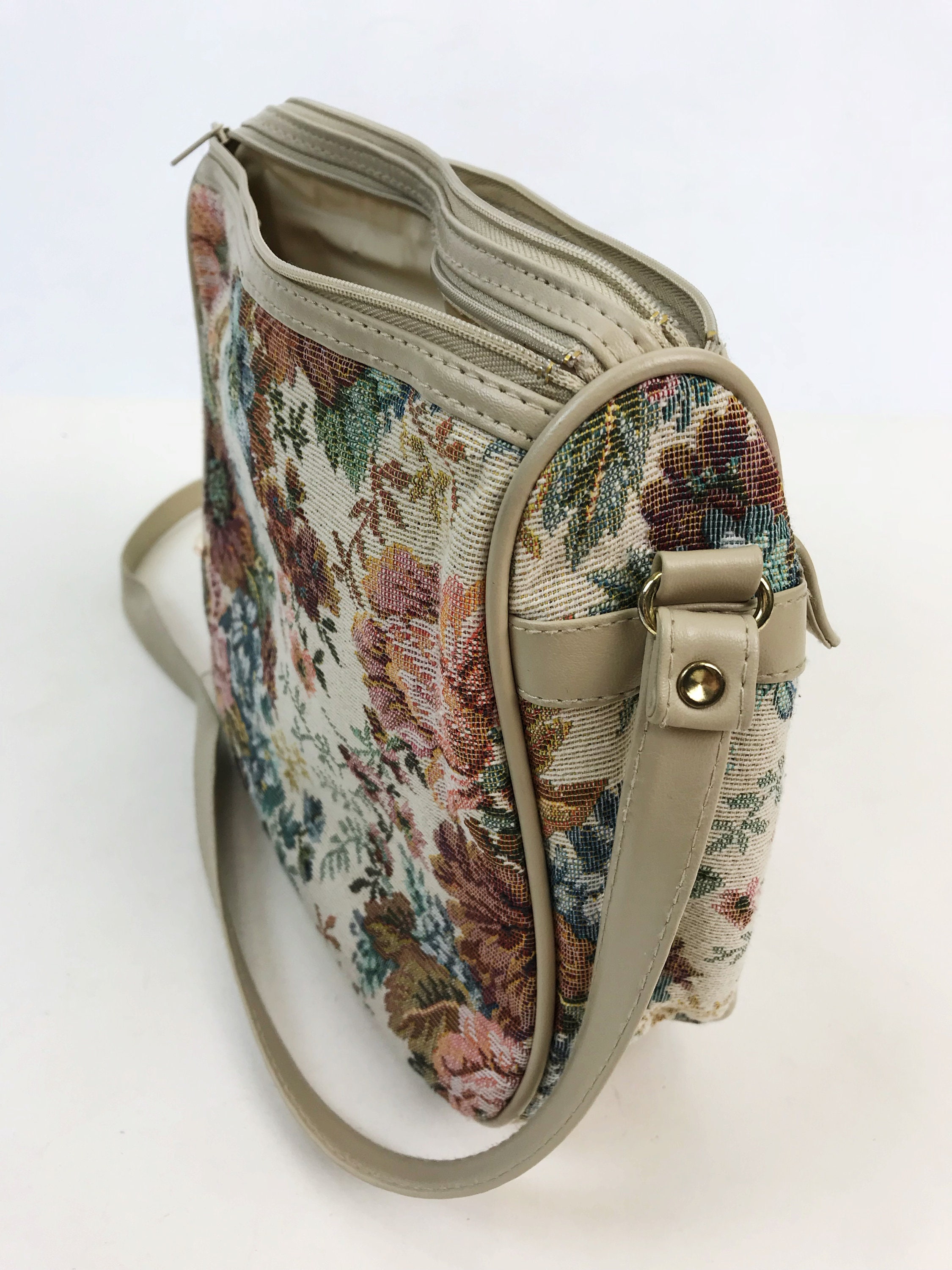 80's Floral Upholstery Fabric Purse Multiple Pocket Flowered Long