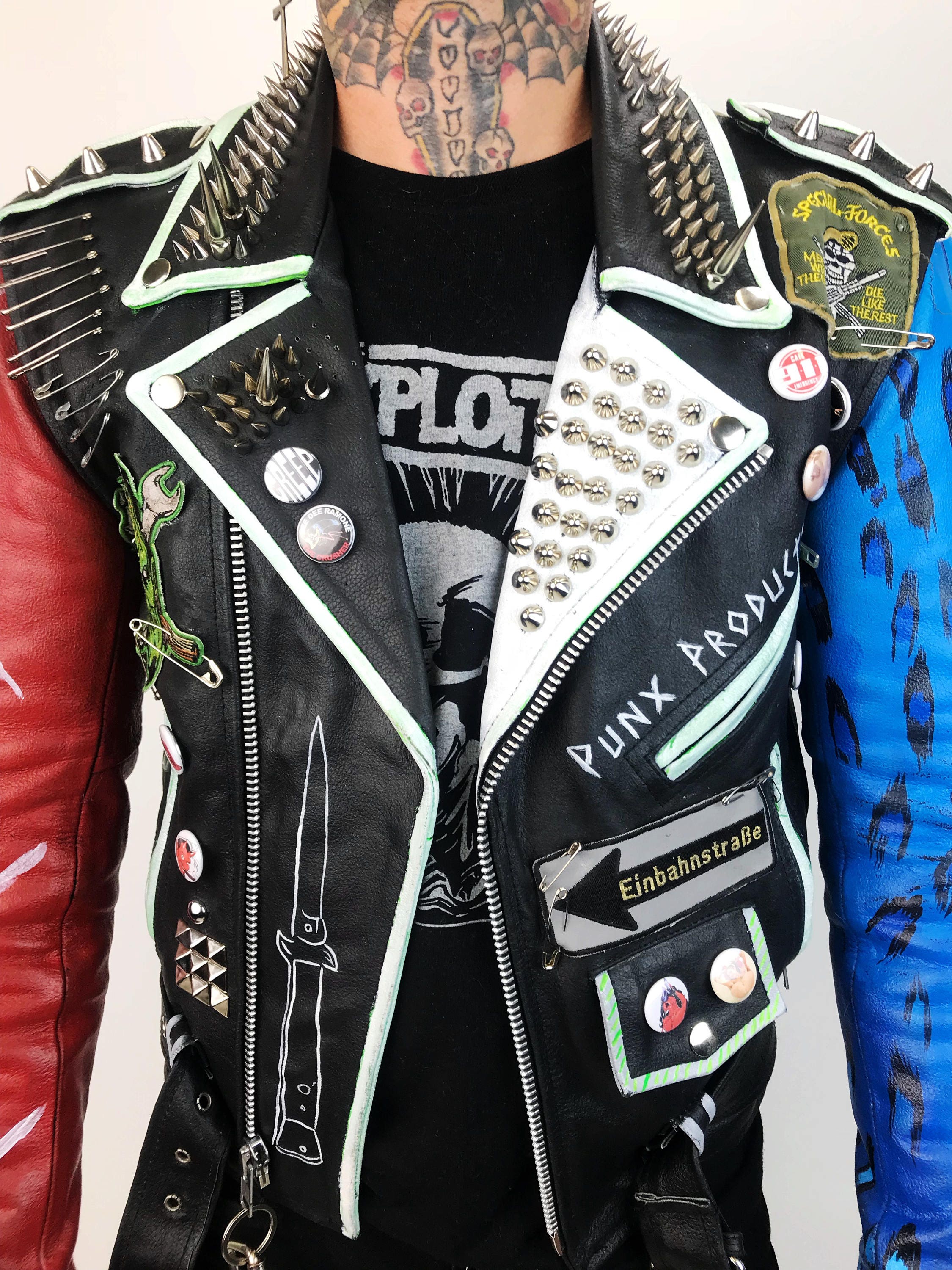 Vintage Spiked Leather Punk Jacket Mens Small 32 - Red Blue Black Painted Custom Skull Leopard ...