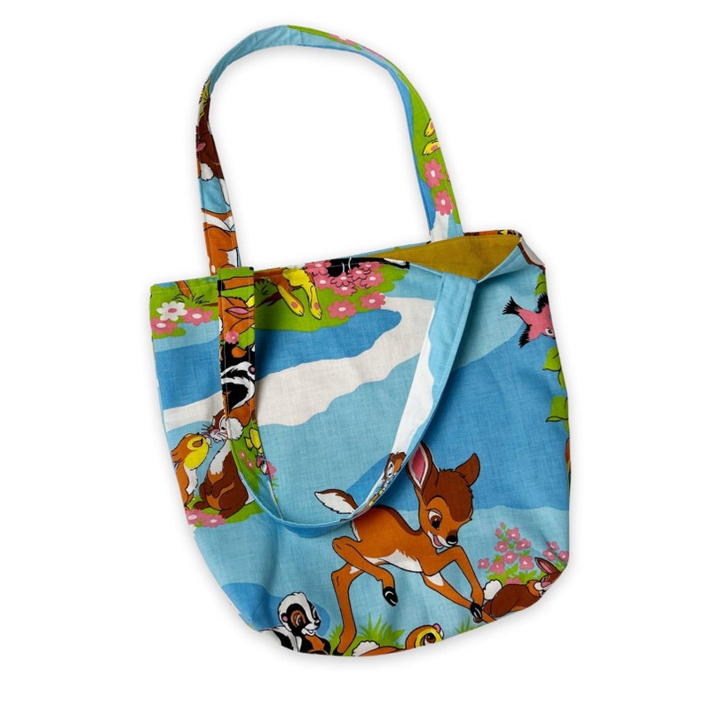 Handmade BAMBI Tote Bag Upcycled Vintage Recycled Fabric 90s Kids Sheets Rework Shoulder Bag One Of a Kind Unique Cartoon Tote w/ Lining image 1