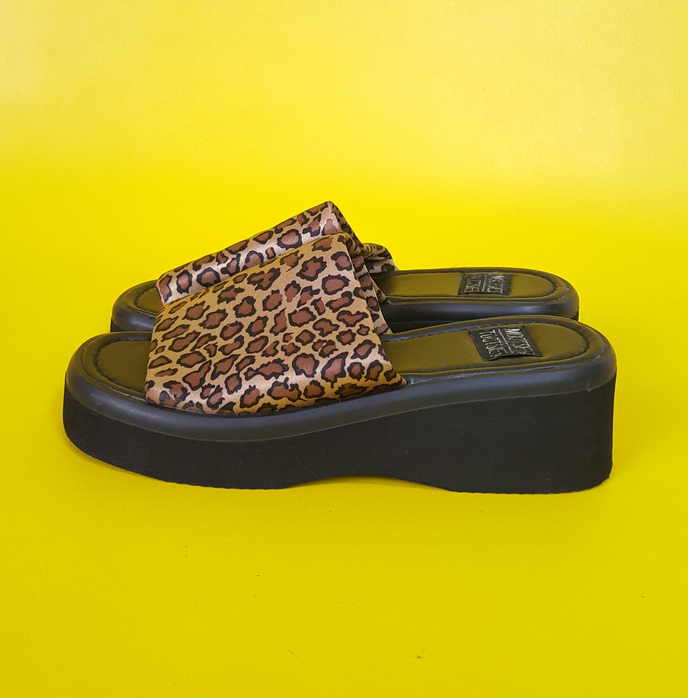 Vintage 90s Brown Black Leopard Print Chunky Heel Slide