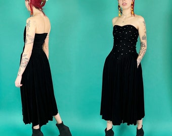 80's Black Velvet Rhinestone Strapless Sweetheart Dress XS/S - Stretchy Bodice Formal Midi Dress w/ POCKETS - Vintage Goth Glam Party Dress