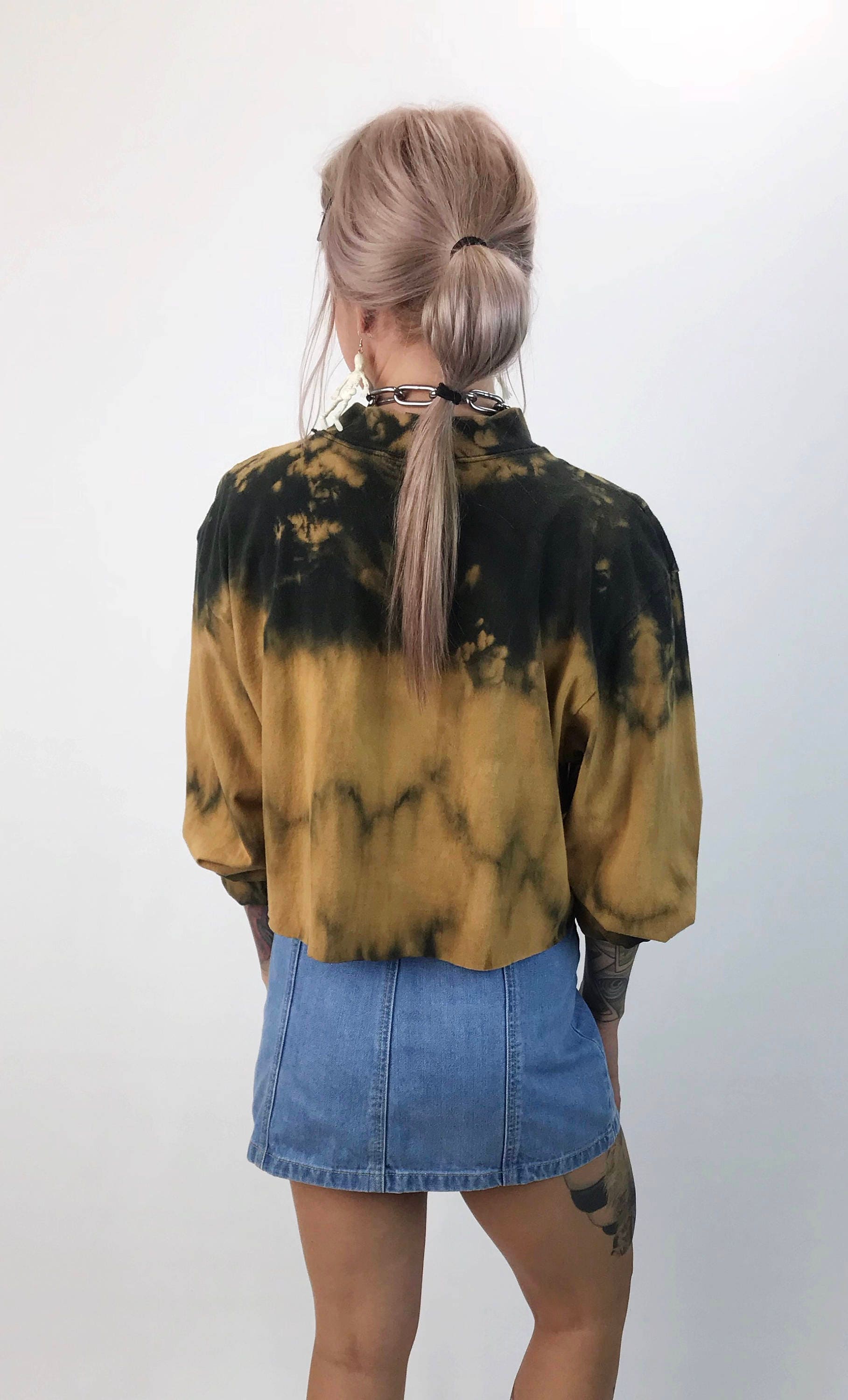 Download 90s Mock Neck Tie Dye Bleached Long Sleeve Cropped Tee Shirt Medium - Upcycled Bleach Black/Tan ...