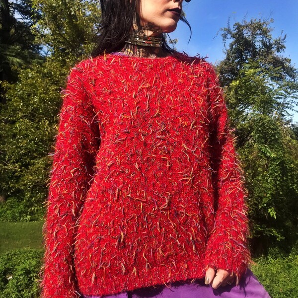 90's Rainbow Shag Red Acrylic Pullover Sweater Womens Medium - Shaggy Knit Multicolored Vintage Pullover - Cherry Red Sweater Slouchy Jumper