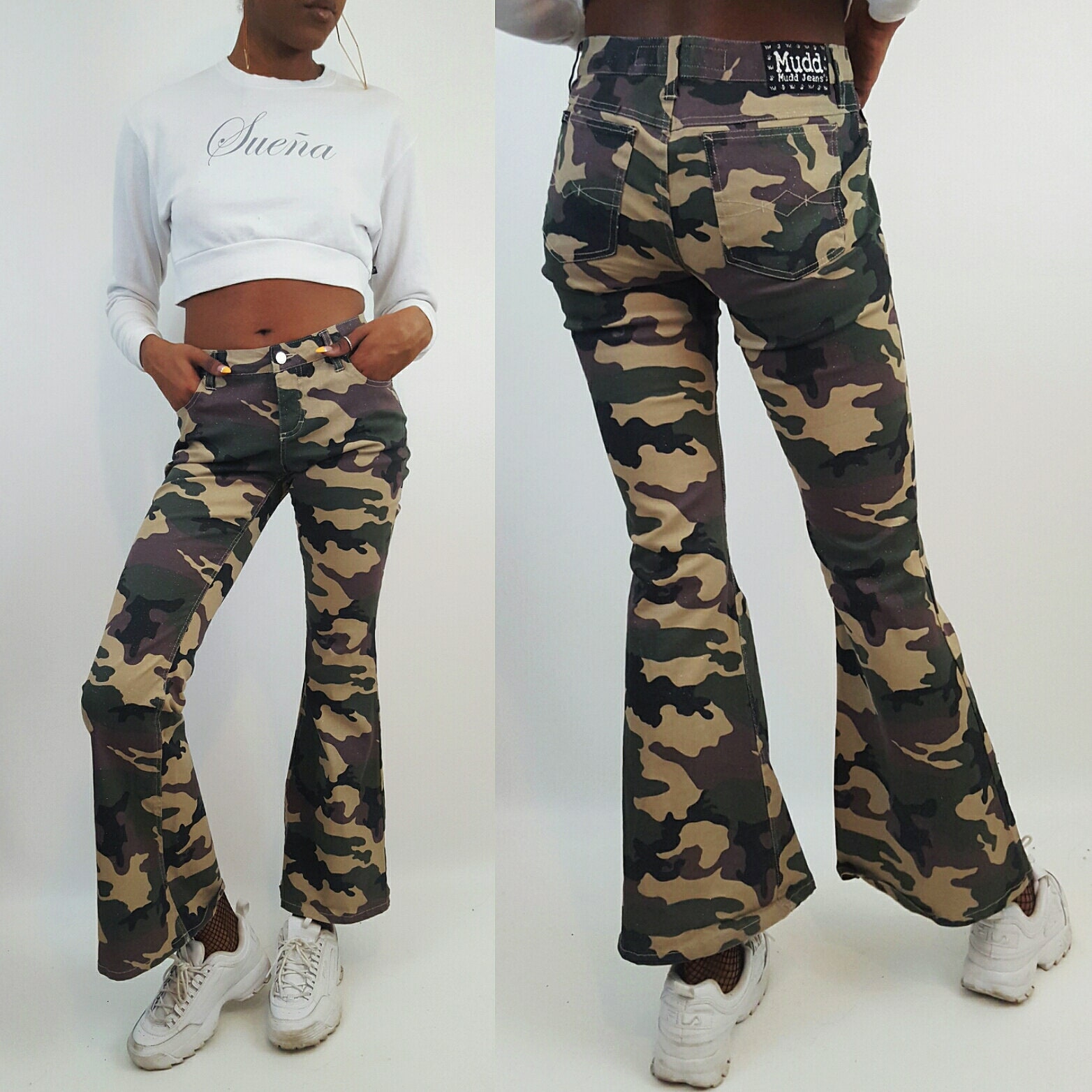 90s y2K Low Waist Camo Print Flared 