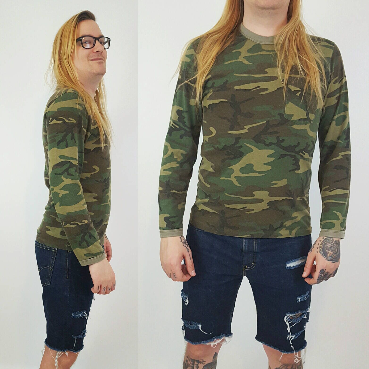 yellow shirt with camo pants