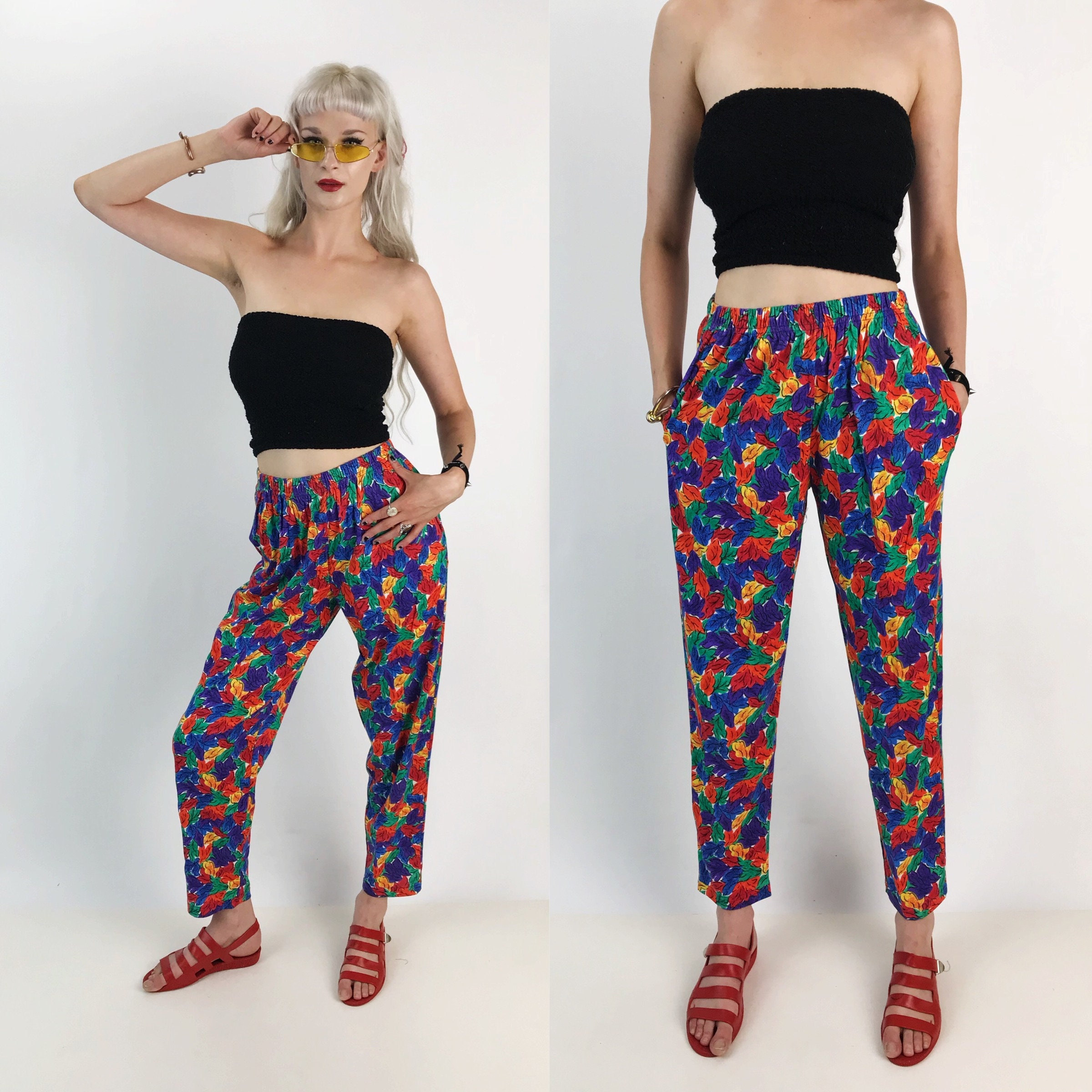 90's Colorful Printed High Waist Cotton Pants Elastic Waist Medium ...