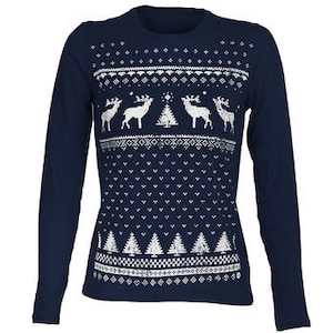 Womens Festive Christmas T-shirt / Reindeer shirt / Xmas reindeer tee / Long sleeve tshirt / Christmas jumper alternative / Gift for her Navy