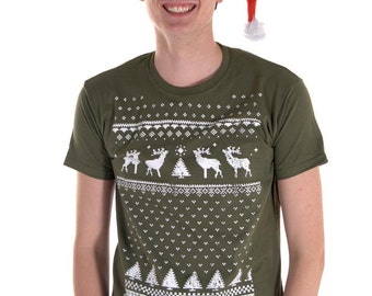 Retro Christmas Reindeer Mens Tshirt - Vintage Green