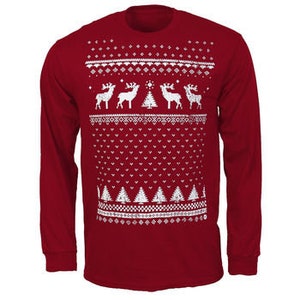 Mens / Festive / Christmas / Christmas Jumper style tee / Christmas T-shirt / Christmas tshirt / Reindeer / Long Sleeved / Gift for him Cardinal Red