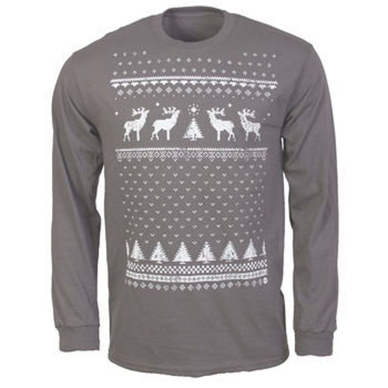 Mens / Festive / Christmas / Christmas Jumper style tee / Christmas T-shirt / Christmas tshirt / Reindeer / Long Sleeved / Gift for him Charcoal Grey