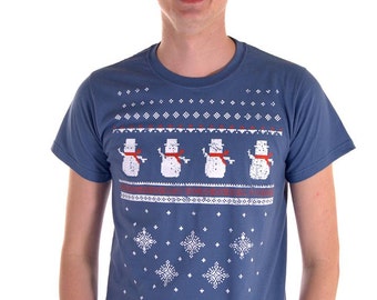 Retro Christmas Snowman Mens Tshirt - Denim Blue