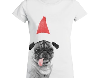 Womens / Festive / Christmas / Christmas Jumper alternative / Organic tshirt/Vegan tshirt / Vegan inks/Vegetarian tshirt / Pug /Gift for her