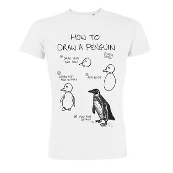 Mens / Organic tshirt / Vegan tshirt/Vegan T-shirt / Vegan inks / Sustainable tshirt / Vegan approved / How to Draw a Penguin / Gift for him