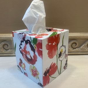 Red Poppy Flower Decoupaged Tissue Box