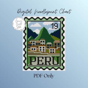 Peut inclure: Un modèle de point de canevas numérique représentant un timbre-poste avec un paysage pixélisé de montagnes et de bâtiments. Le timbre a une bordure vert clair, le nombre 19 et le texte PERU. L'image inclut le texte Digital Needlepoint Chart.