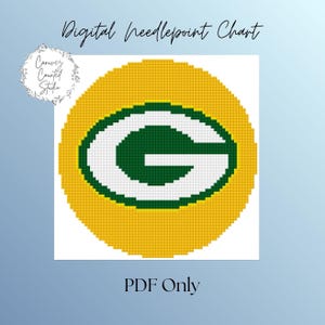 May include: Digital needlepoint chart featuring the Green Bay Packers logo. The logo is a green and white "G" inside a yellow circle. The words "Digital Needlepoint Chart" and "PDF Only" are also present.