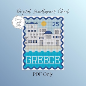 May include: Digital needlepoint chart with a Greek theme, designed to look like a postage stamp. The image shows buildings, a sun, and the word "GREECE" in blue and white. The text "PDF Only" is also included in the design.