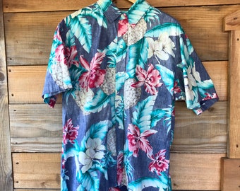 Hawaiian shirt 60s xl floral tropical Hilo Hattie cotton sixties summer button up short sleeve