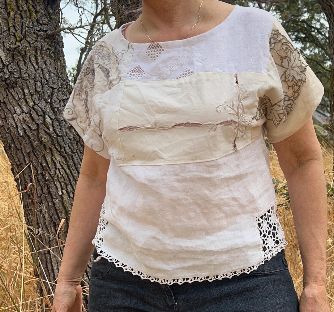 Patchwork Linen Top: Upcycled Vintage Embroidered Blouse - Etsy
