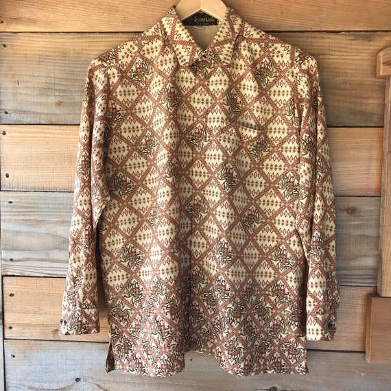 sixties 60s large nylon batik print button up lon… - image 1