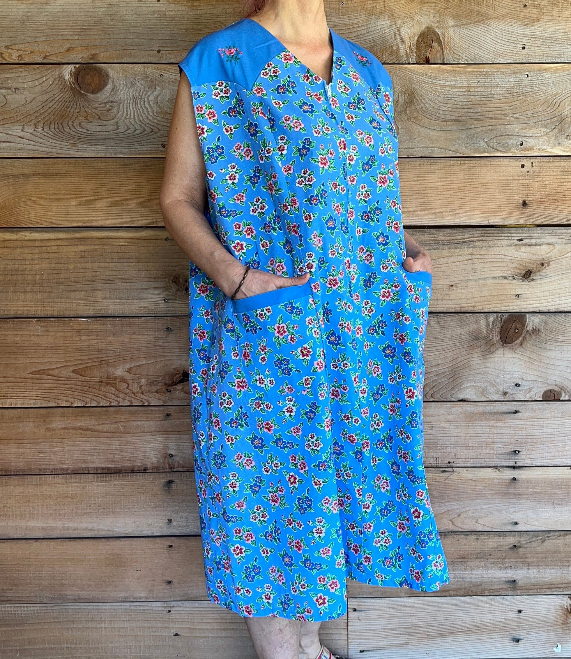 70s Housedress Floral Pockets Zipper Vintage European Summer