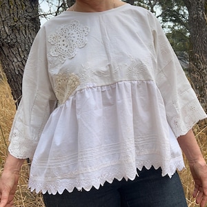 embroidered repurposed blouse large upcycled vintage fabric tablecloth boho peplum lace patchwork summer top crochet ooak oversize