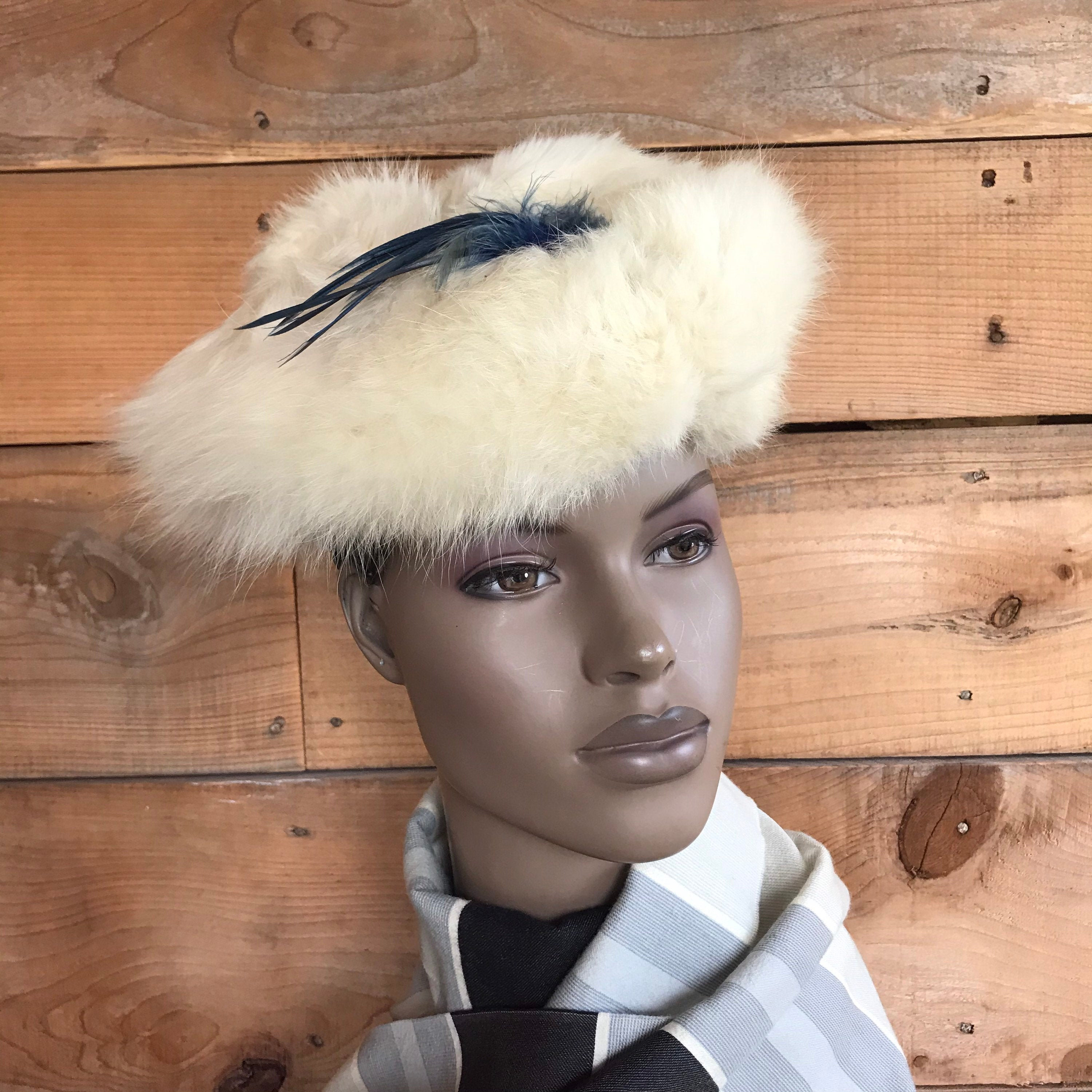 60s/70s sombrero de piel blanca zorro piel pillbox gorra de invierno