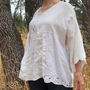 Patchwork embroidered repurposed blouse large upcycled vintage fabric tablecloth ooak oversize summer boho whimsy cottage country neutral