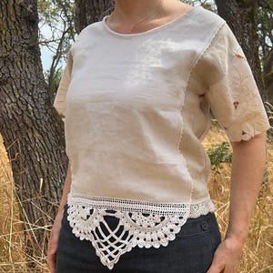 Patchwork linen top cross stitch embroidered repurposed blouse large upcycled vintage fabric tablecloth boho neutral summer lace ooak