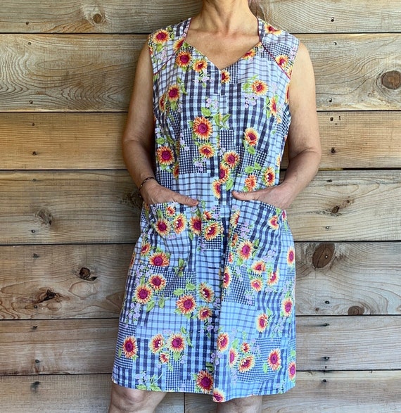 70s housedress sunflower mini buttons sleeveless … - image 1