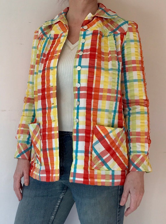 Plaid seersucker cotton 60s shirt jacket shacket c