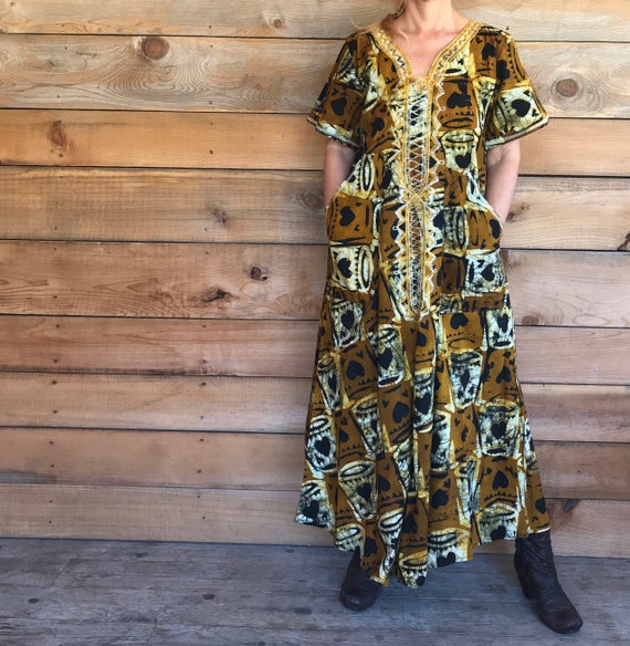 African Wax Print cotton Caftan Maxi Dress Large