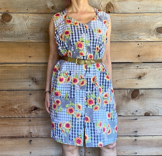 70s housedress sunflower mini buttons sleeveless … - image 5