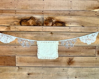 Upcycled garland doily bunting banner crochet tatting cottagecore party decor summer garden festival neutral lace flags