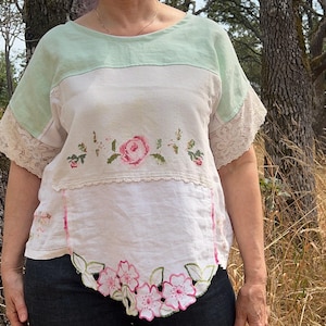 Patchwork top cross stitch embroidered repurposed blouse upcycled vintage fabric tablecloth boho roses ooak country lace linens country