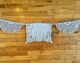 Repurposed garland doily bunting banner crochet tatting cottagecore party decor shower summer garden festival neutral lace flags