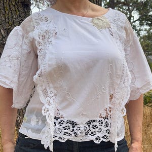 boho top embroidered repurposed blouse large upcycled vintage fabric tablecloth crochet lace ooak sheer summer handmade patchwork antique
