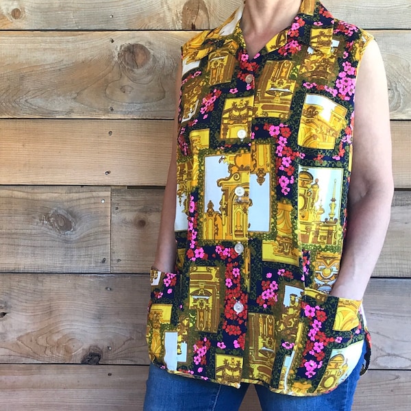60s Hawaiian barkcloth button front tunic blouse sleeveless large tiki floral summer barbecue beach pockets sixties top
