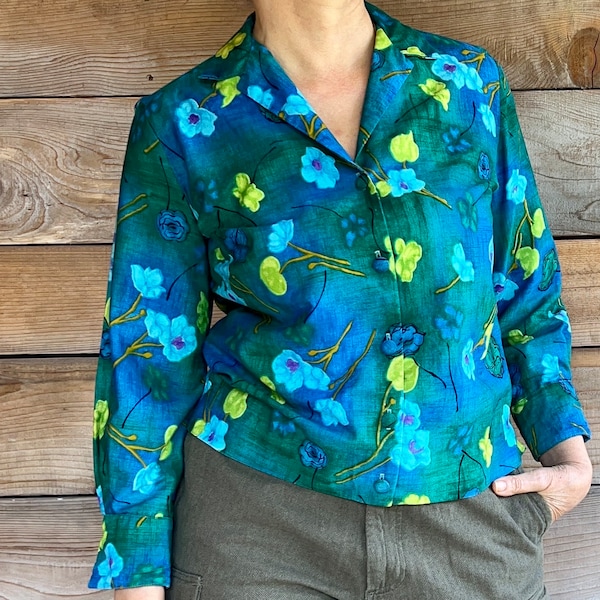 vintage blouse blue flowered cotton button up 60s sixties yellow green mod casual top quadrophenia medium mad men office lady business work