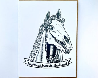 Greetings from the Mari Lwyd - Hand Lettered Holiday Greeting Card - Holiday Monsters Series