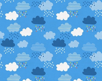 May include: A repeating pattern of stylized clouds and raindrops on a blue background. The clouds are in shades of white and blue, some with horizontal stripes. Raindrops are depicted in yellow, orange, and red.