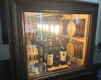 Infinite Spirits RickHouse, Infinity mirror, Double Oak Barrel, bourbon, whiskey, wine display. 24x28x6” deep Plus outer picture frame 32x36