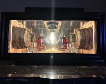 Infinite Spirits RickHouse, Infinity mirror, Single Oak Barrel, bourbon, whiskey, wine cabinet display. 36x14.5x9 Plus outer picture frame