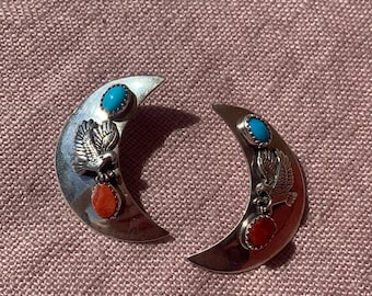 Big sterling silver moon eagle earrings turquoise coral 90s stock new