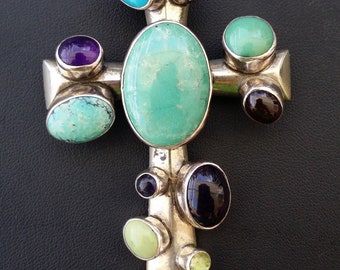 90s stock NEW Navajo signiert Großer Edelstein Kreuz Anhänger